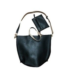 Reversible Leather Tote Bag Black and Tan with Attached Zip Clutch Magnet Close